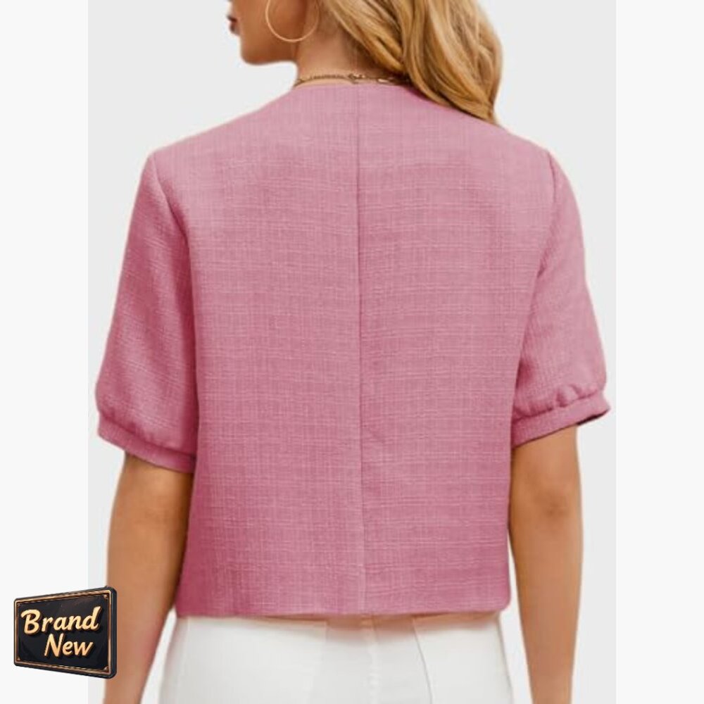 Cropped Tweed Blazer with Puff Sleeves for Office Work Slim Fit - Picture 2 of 7